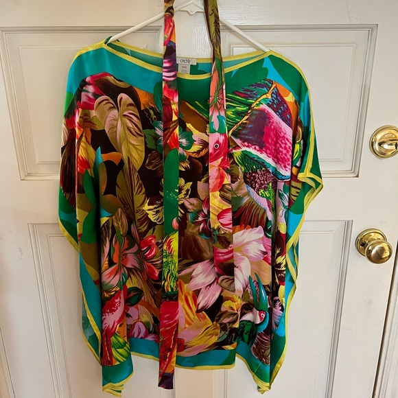 100% silk CACHE TOP KAFTAN PONCHO BLOUSE tropical floral design - Picture 2 of 10